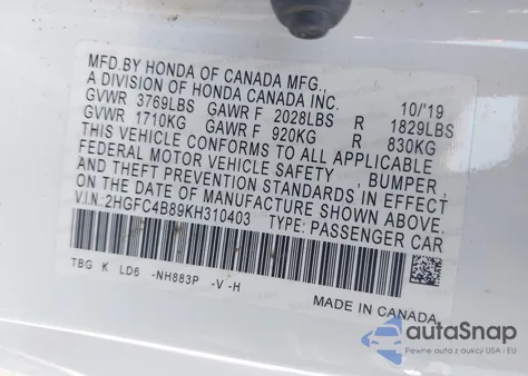 2019 Honda Civic Sport from USA, damaged, VIN 2HGFC4B89KH310403